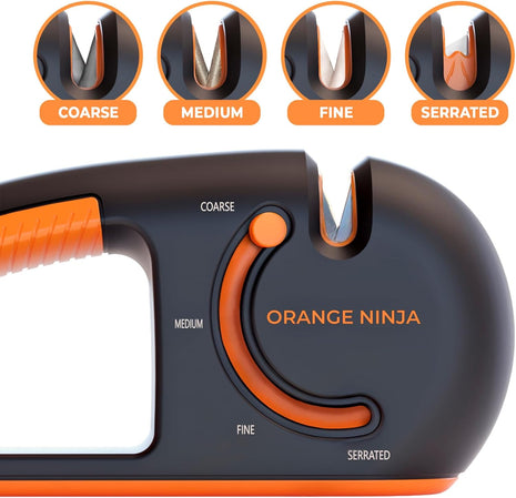 Orange Ninja 4-Stage Knife Sharpener - Premium Kitchen Knife Sharpeners - Adjustable Handheld Manual Knife Sharpeners for Kitchen Knives, Knife Sharpener, Chefs & Serrated Knife by