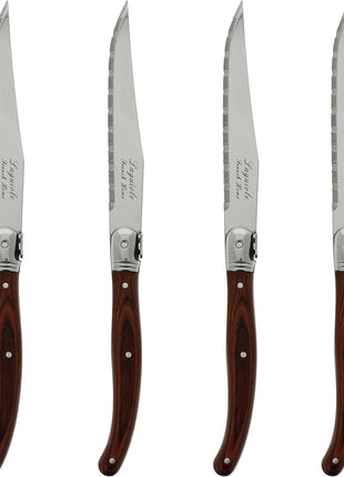 Laguiole 4-Piece Steak Knives (Pakkawood) - Stainless Steel Knives – Smooth Cut Serrated Knife Blade – Dishwasher Safe Steak Knife Set – Luxurious Kitchen Knife Set for Parties