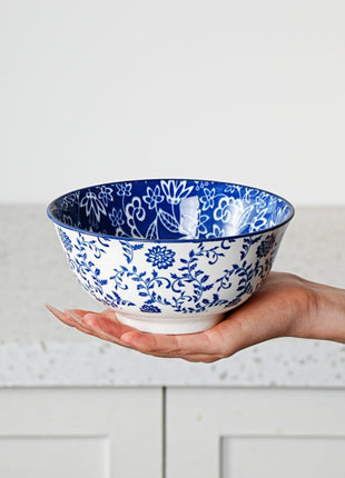 Ceramic Soup Bowls Set - 24 Oz Deep Cereal Bowl - 6 Inch Large Porcelain Dinner Bowl Eating Salad Pasta Dessert Oatmeal - Microwave Dishwasher Safe - Set of 6 - Vintage Blue