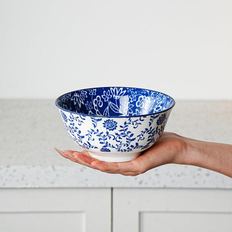 Ceramic Soup Bowls Set - 24 Oz Deep Cereal Bowl - 6 Inch Large Porcelain Dinner Bowl Eating Salad Pasta Dessert Oatmeal - Microwave Dishwasher Safe - Set of 6 - Vintage Blue