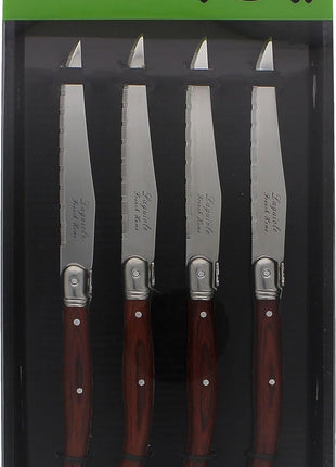Laguiole 4-Piece Steak Knives (Pakkawood) - Stainless Steel Knives – Smooth Cut Serrated Knife Blade – Dishwasher Safe Steak Knife Set – Luxurious Kitchen Knife Set for Parties