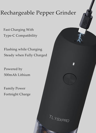 Electric Salt and Pepper Grinder Set, USB Rechargeable, Automatic Salt and Pepper Mill Grinder with Adjustable Coarseness, Electric Salt Shakers, LED Light, Refillable (2 Packs, Black)