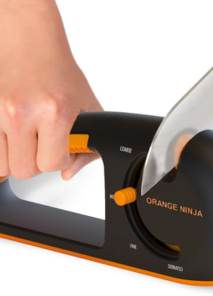 Orange Ninja 4-Stage Knife Sharpener - Premium Kitchen Knife Sharpeners - Adjustable Handheld Manual Knife Sharpeners for Kitchen Knives, Knife Sharpener, Chefs & Serrated Knife by