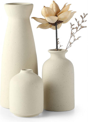 Beige Ceramic Vase Set-3 Small Flower Vases for Decor,Modern Boho Farmhouse Home Decor,Decorative Vase for Pampas Grass&Dried Flowers,Idea Shelf ,Table,Bookshelf ,Entryway- Distressed
