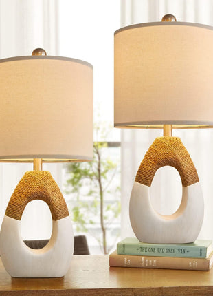 Boho Table Lamps Bedroom Living Room Set 2 Small Farmhouse Rattan Table Lamp 19”Rustic Home Decoration Nightstand Bedside Lamp for Office Compatible with Smart Light Bulbs(Not Include Bulbs)