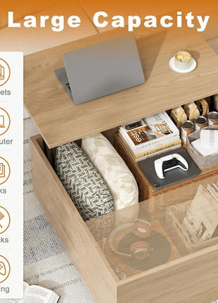 Lift Top Coffee Table, Wood Square Coffee Table with Storage, Farmhouse Coffee Tables with Hidden Storage Compartment, Center Table with Lifting Tabletop for Living Room, Home Office, Natural