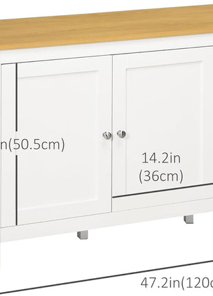 Sideboard Buffet Storage Cabinet, Coffee Bar Cabinet with Natural Wood Effect Top, 3 Doors and 2 Adjustable Shelves, White