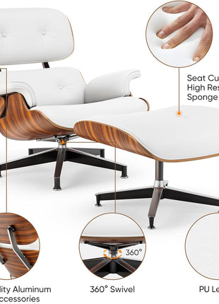 Mid-Century Chaise Lounge Chair and Ottoman for Living Room and Office with PU Leather and Strong Metal Base Support, 105° Fixed Tilting Angle of Back Rest Ergonomic Lumbar Support