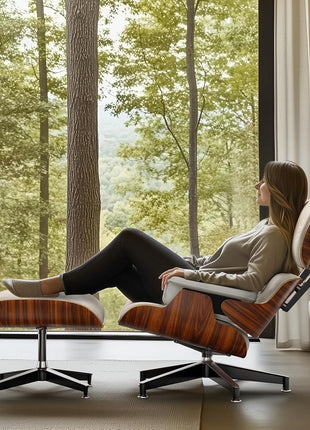 Mid-Century Chaise Lounge Chair and Ottoman for Living Room and Office with PU Leather and Strong Metal Base Support, 105° Fixed Tilting Angle of Back Rest Ergonomic Lumbar Support