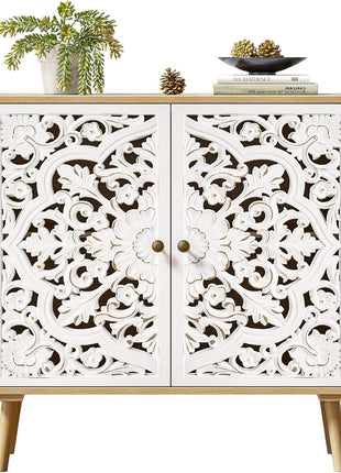 Accent Cabinet with 2 Doors, Carved Cabinet Decorative Sideboard Storage Cabinet with Adjustable Shelf, Entryway Cabinets for Kitchen with Storage Credenza