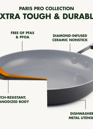 Paris Pro Hard Anodized Healthy Ceramic Nonstick, 11" Everyday Frying Pan Skillet with 2 Handles and Stainless Steel Lid, Pfas-Free, Dishwasher Safe, Grey