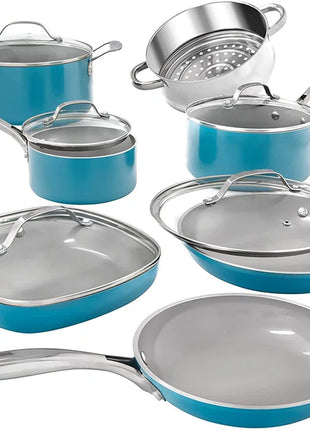 Aqua Blue 12 Piece Nonstick Ceramic Cookware Set, Oven & Dishwasher Safe