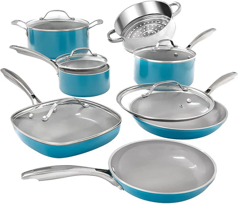 Aqua Blue 12 Piece Nonstick Ceramic Cookware Set, Oven & Dishwasher Safe