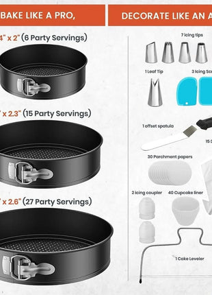 100Pcs Cake Pan Sets for Baking + Cake Decorating Supplies: 3 Non-Stick Springform Pans Set (4, 7, 9 Inches), Icing Tips, Cake Leveler – Multi-Functional Leak-Proof Cheesecake Pan & Ebook