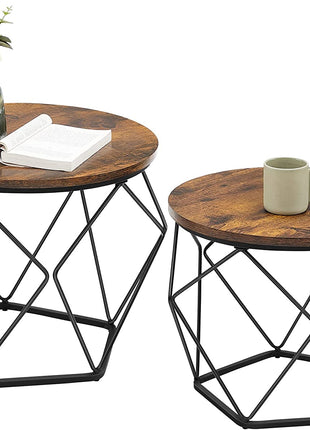 Small Coffee Table Set of 2, round Coffee Table with Steel Frame, Side End Table for Living Room, Bedroom, Office, Rustic Brown and Ink Black ULET040B01V1