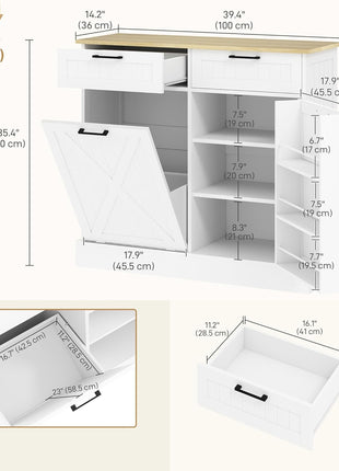 Farmhouse Tilt Out Garbage Cabinet, 10 Gallon Freestanding Kitchen Island with 2 Drawers and Spice Rack, Trash Cabinet with Storage for Dining Room, Hallway, White