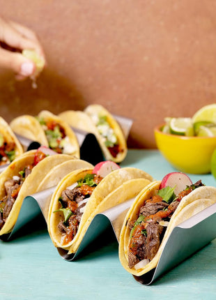 Stainless Steel Taco Holder Stand, Set of 6 - Stylish Rack Holds up to 3 Tacos Each, Keeping Shells Upright - Oven, Grill and Dishwasher Safe