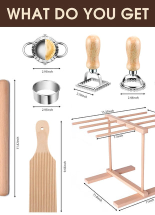 Pasta Making Tools, 9 PCS Wood Pasta Making Kit with Pasta Drying Rack, Pasta Roller, Gnocchi Board, Ravioli Cutter Pasta Making Accessories