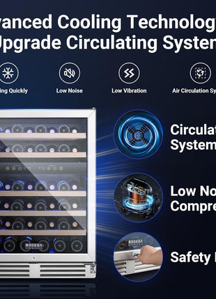 COOLER Wine Cellar with Glass Door,24 Inch Dual Zone Wine Refrigerator,Wine Fridge Double-Layer Tempered,Silent Cooling Hold 46 Bottles Red,Rose Sparkling Wines,Temperature Memory Function