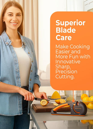 Orange Ninja 4-Stage Knife Sharpener - Premium Kitchen Knife Sharpeners - Adjustable Handheld Manual Knife Sharpeners for Kitchen Knives, Knife Sharpener, Chefs & Serrated Knife by