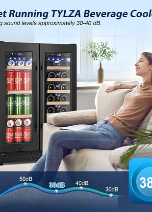 24 Inch Wine and Beverage Refrigerator, Dual Zone Wine Beverage Cooler 24" with French Door, under Counter Wine Beer Fridge Built-In or Freestanding, Holds 20 Bottles and 88 Cans, Black