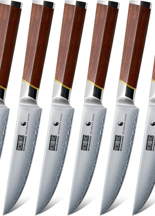 Steak Knives Set of 6, Razor-Sharp 4.5 Inch Non-Serrated Steak Knives, Japanese High-Carbon Steel Kitchen Steak Knife Set with Ergonomic Handle