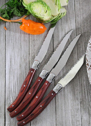 Laguiole 4-Piece Steak Knives (Pakkawood) - Stainless Steel Knives – Smooth Cut Serrated Knife Blade – Dishwasher Safe Steak Knife Set – Luxurious Kitchen Knife Set for Parties