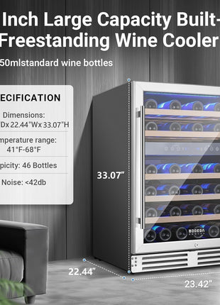 COOLER Wine Cellar with Glass Door,24 Inch Dual Zone Wine Refrigerator,Wine Fridge Double-Layer Tempered,Silent Cooling Hold 46 Bottles Red,Rose Sparkling Wines,Temperature Memory Function