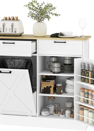 Farmhouse Tilt Out Garbage Cabinet, 10 Gallon Freestanding Kitchen Island with 2 Drawers and Spice Rack, Trash Cabinet with Storage for Dining Room, Hallway, White