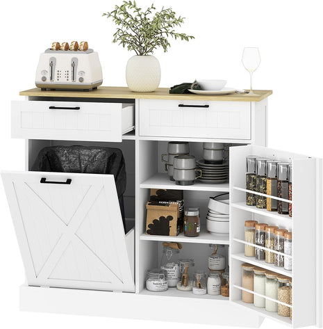 Farmhouse Tilt Out Garbage Cabinet, 10 Gallon Freestanding Kitchen Island with 2 Drawers and Spice Rack, Trash Cabinet with Storage for Dining Room, Hallway, White