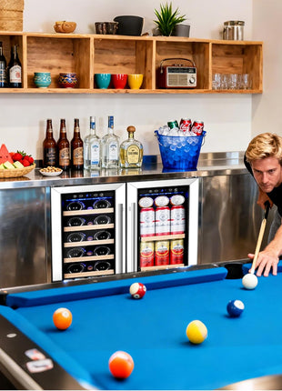 COOLER Wine Cellar with Glass Door,Dual Zone Wine Beverage Cooler,24 Inch Beverage Refrigerator under Counter Hold 19 Bottles and 57 Cans Soda Drinks,Compressor Cooling,Built-In Freestanding