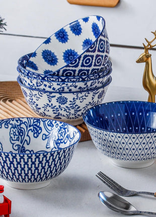 Ceramic Soup Bowls Set - 24 Oz Deep Cereal Bowl - 6 Inch Large Porcelain Dinner Bowl Eating Salad Pasta Dessert Oatmeal - Microwave Dishwasher Safe - Set of 6 - Vintage Blue