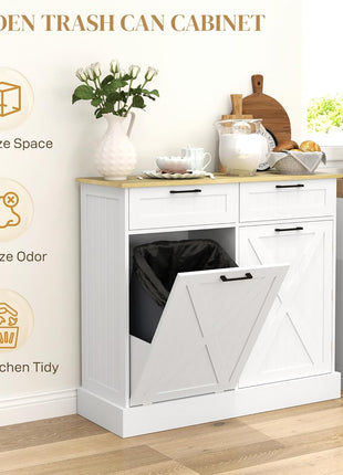 Farmhouse Tilt Out Garbage Cabinet, 10 Gallon Freestanding Kitchen Island with 2 Drawers and Spice Rack, Trash Cabinet with Storage for Dining Room, Hallway, White