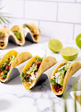 Stainless Steel Taco Holder Stand, Set of 6 - Stylish Rack Holds up to 3 Tacos Each, Keeping Shells Upright - Oven, Grill and Dishwasher Safe