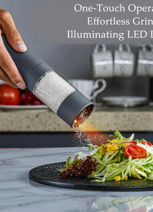 Electric Salt and Pepper Grinder Set, USB Rechargeable, Automatic Salt and Pepper Mill Grinder with Adjustable Coarseness, Electric Salt Shakers, LED Light, Refillable (2 Packs, Black)