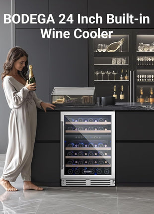 COOLER Wine Cellar with Glass Door,24 Inch Dual Zone Wine Refrigerator,Wine Fridge Double-Layer Tempered,Silent Cooling Hold 46 Bottles Red,Rose Sparkling Wines,Temperature Memory Function
