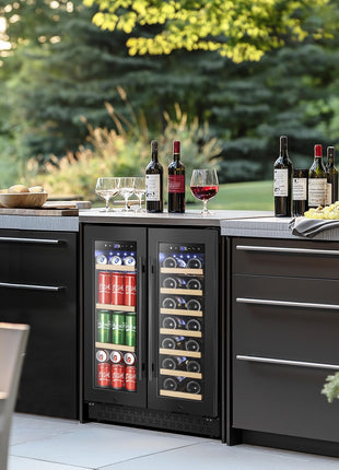 24 Inch Wine and Beverage Refrigerator, Dual Zone Wine Beverage Cooler 24" with French Door, under Counter Wine Beer Fridge Built-In or Freestanding, Holds 20 Bottles and 88 Cans, Black