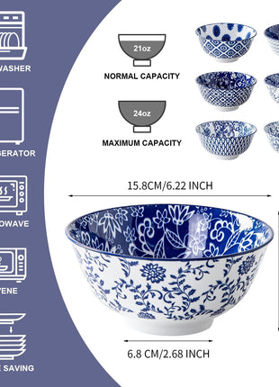 Ceramic Soup Bowls Set - 24 Oz Deep Cereal Bowl - 6 Inch Large Porcelain Dinner Bowl Eating Salad Pasta Dessert Oatmeal - Microwave Dishwasher Safe - Set of 6 - Vintage Blue