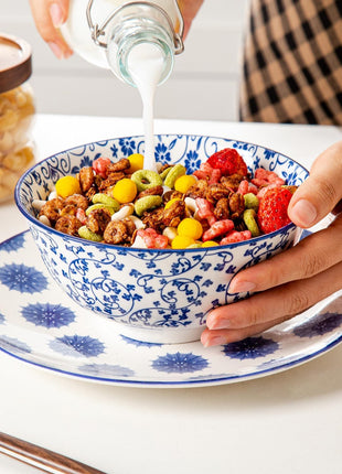 Ceramic Soup Bowls Set - 24 Oz Deep Cereal Bowl - 6 Inch Large Porcelain Dinner Bowl Eating Salad Pasta Dessert Oatmeal - Microwave Dishwasher Safe - Set of 6 - Vintage Blue