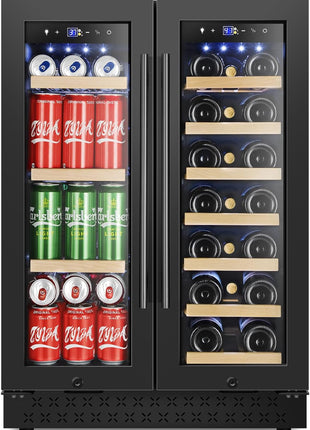 24 Inch Wine and Beverage Refrigerator, Dual Zone Wine Beverage Cooler 24" with French Door, under Counter Wine Beer Fridge Built-In or Freestanding, Holds 20 Bottles and 88 Cans, Black