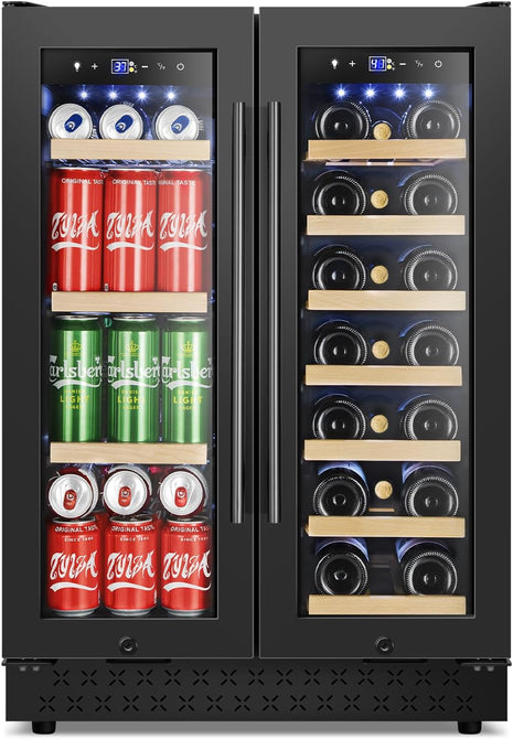24 Inch Wine and Beverage Refrigerator, Dual Zone Wine Beverage Cooler 24" with French Door, under Counter Wine Beer Fridge Built-In or Freestanding, Holds 20 Bottles and 88 Cans, Black