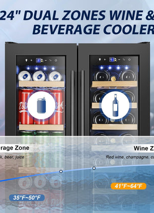 24 Inch Wine and Beverage Refrigerator, Dual Zone Wine Beverage Cooler 24" with French Door, under Counter Wine Beer Fridge Built-In or Freestanding, Holds 20 Bottles and 88 Cans, Black