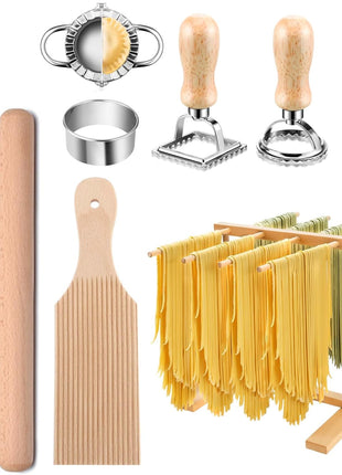 Pasta Making Tools, 9 PCS Wood Pasta Making Kit with Pasta Drying Rack, Pasta Roller, Gnocchi Board, Ravioli Cutter Pasta Making Accessories