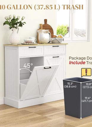 Farmhouse Tilt Out Garbage Cabinet, 10 Gallon Freestanding Kitchen Island with 2 Drawers and Spice Rack, Trash Cabinet with Storage for Dining Room, Hallway, White