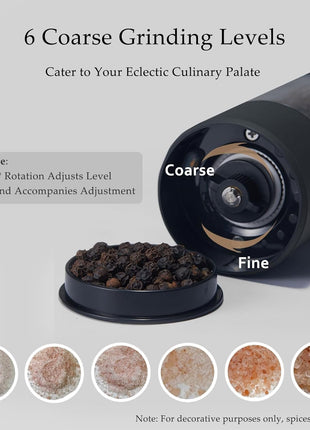 Electric Salt and Pepper Grinder Set, USB Rechargeable, Automatic Salt and Pepper Mill Grinder with Adjustable Coarseness, Electric Salt Shakers, LED Light, Refillable (2 Packs, Black)