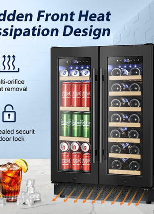 24 Inch Wine and Beverage Refrigerator, Dual Zone Wine Beverage Cooler 24" with French Door, under Counter Wine Beer Fridge Built-In or Freestanding, Holds 20 Bottles and 88 Cans, Black