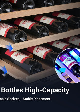 COOLER Wine Cellar with Glass Door,24 Inch Dual Zone Wine Refrigerator,Wine Fridge Double-Layer Tempered,Silent Cooling Hold 46 Bottles Red,Rose Sparkling Wines,Temperature Memory Function