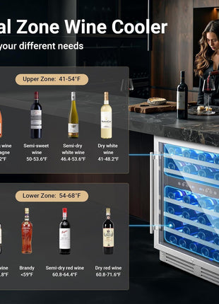 COOLER Wine Cellar with Glass Door,24 Inch Dual Zone Wine Refrigerator,Wine Fridge Double-Layer Tempered,Silent Cooling Hold 46 Bottles Red,Rose Sparkling Wines,Temperature Memory Function
