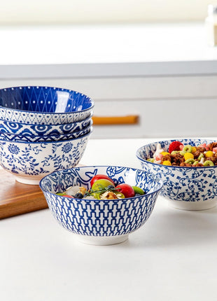 Ceramic Soup Bowls Set - 24 Oz Deep Cereal Bowl - 6 Inch Large Porcelain Dinner Bowl Eating Salad Pasta Dessert Oatmeal - Microwave Dishwasher Safe - Set of 6 - Vintage Blue