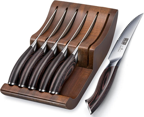 Steak Knives Set of 7, 4.5 Inch Serrated Steak Knife Set with Block, Japanese High Carbon Steel Kitchen Steak Knives with Ergonomic Handle